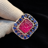 Neel Zahra Floral Carved Ruby & Blue Sapphire Diamond Cocktail Ring